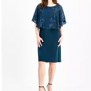 Connected Formal Chiffon Cape Overlay Sheath Dress 6P Color Dark Blue W/ Sparkle